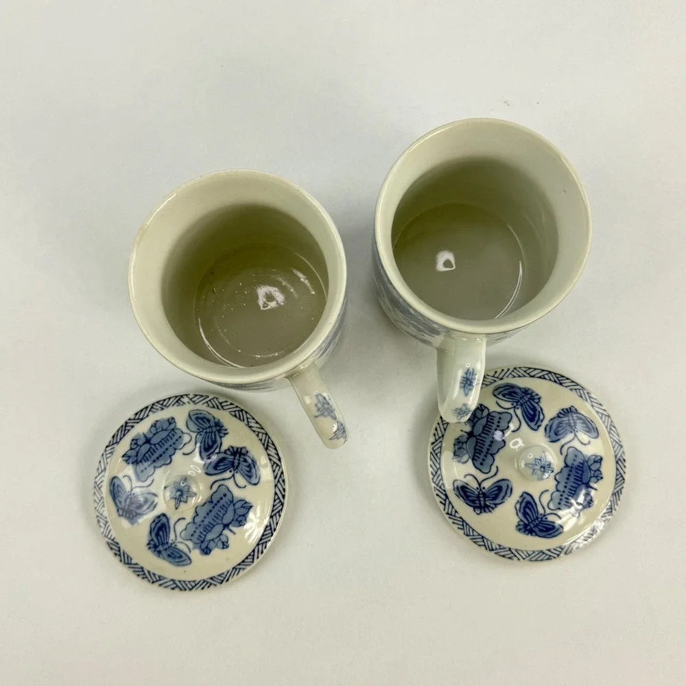 Williams‎ Sonoma Blue and White Porcelain Lidded Tea Mugs Butterfly Grapes Set 2